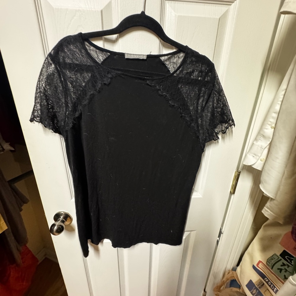 Loveappella Black Lace Yoke Short Sleeve Top